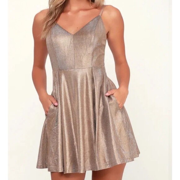 Lulus Keeps Getting Better Gold Sparkle Strappy Skater Mini Dress Women's Small - Picture 2 of 9